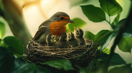 A heartwarming scene of a parent bird feeding its chicks in a well-crafted nest, surrounded by lush greenery, highlighting the nurturing bond in nature.の素材
