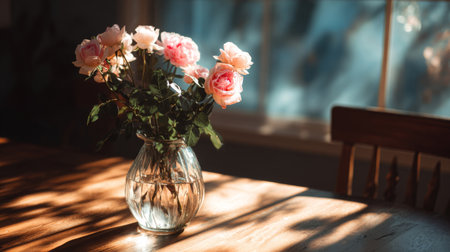 A charming arrangement of pink roses in a clear glass vase on a wooden table creates a calm atmosphere, enhanced by gentle natural light and soft shadows.の素材