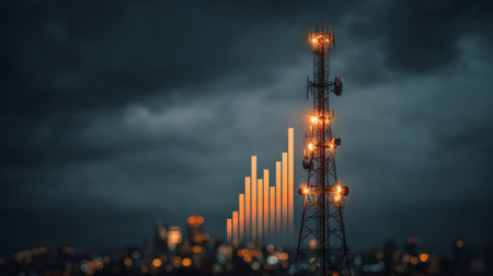 This striking image showcases a telecommunications tower illuminating the dark sky, symbolizing connectivity and technological advancement in a vibrant urban setting.の素材
