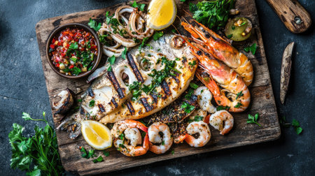 A grilled seafood platter with a mix of fish, prawns, and calamari, served with garlic butter and fresh herbs on a wooden board, creating a rustic coastal vibe.の素材
