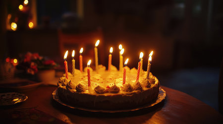 A festive scene with candles arranged on a birthday cake, ready to be lit, capturing the joy and celebration of a special occasionの素材