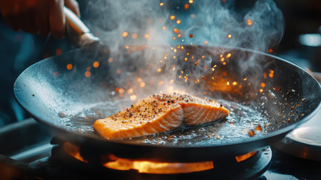 A dynamic cooking scene of a chef searing salmon in a hot skillet, with sizzling sounds and spices visible, capturing the excitement of culinary arts.の素材