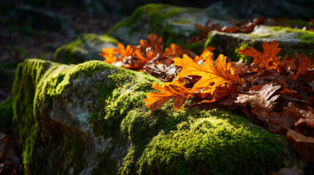 Experience the beauty of autumn with vibrant orange leaves resting on a moss-covered stone, illuminated by sunlight in a serene forest environment.の素材