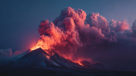A breathtaking scene capturing a volcanic eruption with glowing lava flowing down the mountainside and dramatic ash clouds illuminated by evening light.の素材