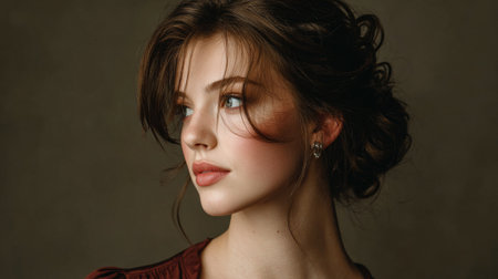 Captivating portrait of a young woman with elegant hair and natural makeup, embodying beauty and grace against a soft, neutral background, perfect for fashion themes.の素材