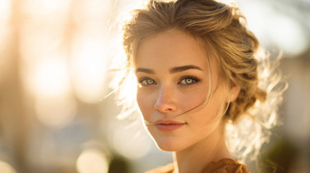 A captivating portrait of a young woman showcasing her natural beauty and elegance in soft sunlight, perfect for themes of serenity, lifestyle, and fashion.の素材