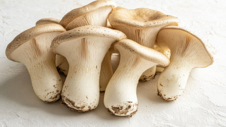 A group of raw king oyster mushrooms laying flat on a white surface, with their natural textures and subtle color variations displayed in detail.の素材