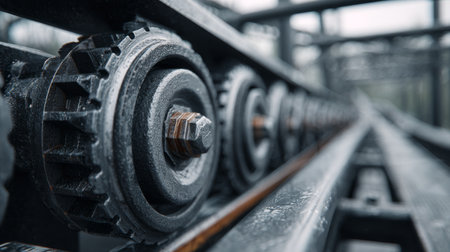 This detailed image captures an industrial wheel mechanism featuring rugged gears and metal components. Ideal for showcasing engineering elements in manufacturing settings.の素材