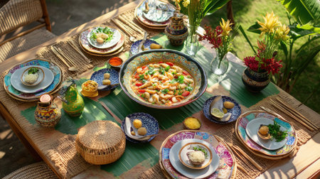 A festive outdoor dining setup featuring tom yum goong as the centerpiece, with colorful dishes and decorations, perfect for a Thai celebrationの素材