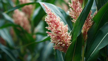 This close-up image captures the beauty of a vibrant grain plant with a colorful flowering head nestled among lush green leaves, symbolizing nature's richness.の素材