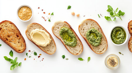 A flat lay of different types of toasted bread, including baguette slices and rye, accompanied by spreads like hummus and pesto on a clean white backgroundの素材