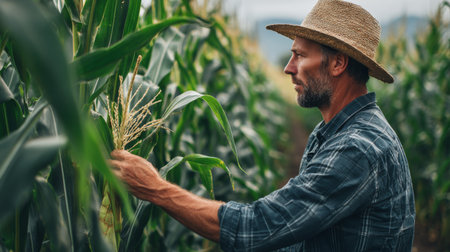 A dedicated male farmer in a straw hat carefully examines corn plants in a lush, green field, showcasing the heart of agriculture in a serene landscape.の素材