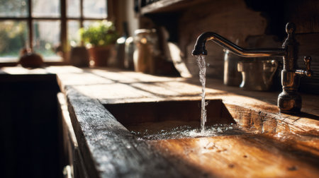 A serene kitchen scene showcasing a flowing water from a wooden sink, with gentle sunlight pouring in, creating a cozy and inviting ambiance perfect for relaxation.の素材