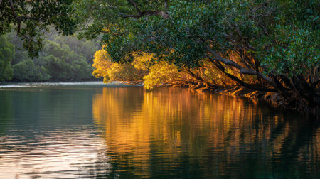 A serene river scene showcases lush greenery and golden reflections at sunrise. The tranquil environment invites peaceful contemplation and appreciation for nature's beauty.の素材