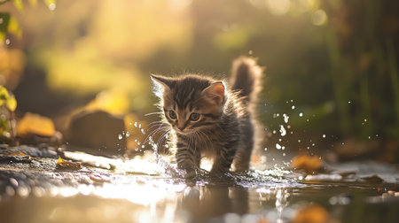 A kitten playing with water in a garden, splashing in a shallow puddle under the sunlight, with its fur slightly damp from the playful interaction.の素材