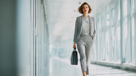 A confident woman walks through a modern office corridor, showcasing her stylish gray suit and handbag, perfectly blending professionalism with contemporary fashion.の素材