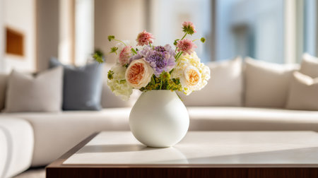 A charming floral arrangement featuring soft pastel shades of blooms in a contemporary vase, enhancing the elegant atmosphere of a cozy living room with natural light.の素材