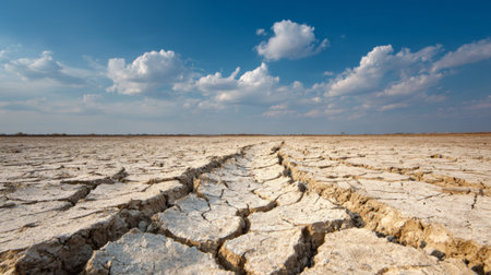 A stunning view of a parched landscape showcasing cracked earth beneath a vast blue sky filled with clouds, reflecting the harshness of drought and arid conditions.の素材