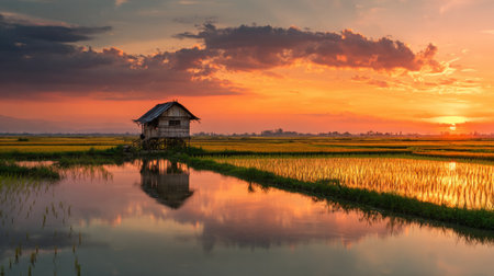 A picturesque scene captures a quaint cottage by rice fields at sunset. The colorful sky reflects in the calm water, creating a serene and tranquil landscape.の素材