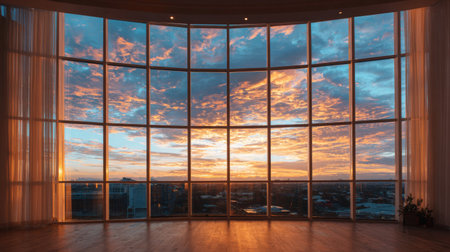 Experience the breathtaking beauty of a sunset captured through expansive windows, illuminating the room with vibrant colors and creating a serene urban ambiance.の素材