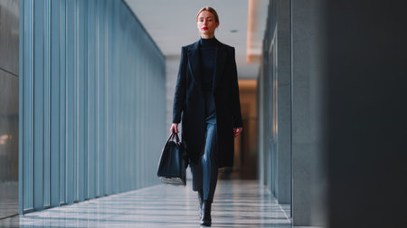 A confident young businesswoman strides through a modern office corridor, showcasing her professional style and determination. Perfect for themes of career success.の素材