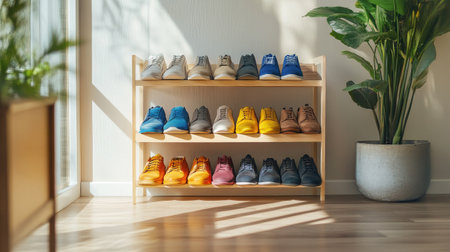 A minimalist shoe rack showcasing a neatly organized collection of shoes, with colorful pairs arranged by style, in a bright and airy hallway.の素材