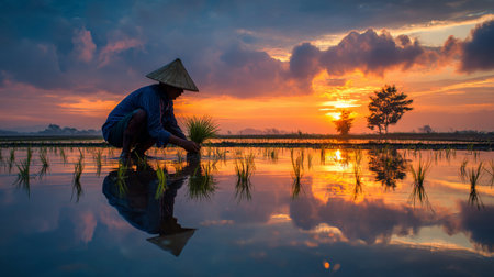A tranquil scene featuring a rice farmer working in reflective water during sunset. The vibrant colors of the evening sky add beauty to rural agriculture.の素材