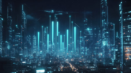 A futuristic holographic bar chart floating above a cityscape, with glowing bars representing financial markets, symbolizing economic progress and investment opportunities.の素材