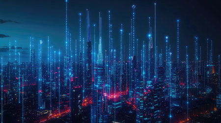 A futuristic city skyline illuminated at night, with digital connections depicted through glowing lines, symbolizing the integration of wireless technology in urban living.の素材