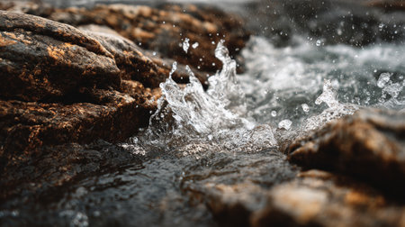 A captivating close-up of water splashing against rugged rocks, showcasing the intricate details and textures of nature. Ideal for themes of freshness and tranquility.の素材