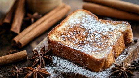 A slice of cinnamon toast dusted with powdered sugar, surrounded by whole cinnamon sticks and star anise, creating a cozy and inviting breakfast scene.の素材