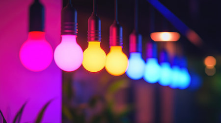 A series of colorful LED light bulbs hanging in a row, illuminating a modern workspace with a vibrant and creative atmosphere, perfect for productivityの素材
