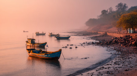 This serene image captures the beauty of fishing boats resting peacefully at dawn, surrounded by soft mist and tranquil waters. A perfect coastal scene.の素材
