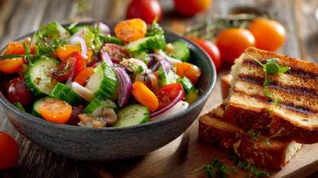 A vibrant bowl of fresh salad featuring cherry tomatoes, cucumbers, carrots, and red onions, complemented by grilled bread, ideal for a healthy meal or snack.の素材