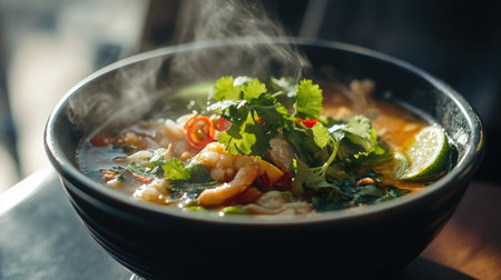 A steaming bowl of tom yum goong garnished with fresh cilantro and lime slices, showcasing the vibrant colors and aromatic ingredients that define this classic Thai soup.の素材