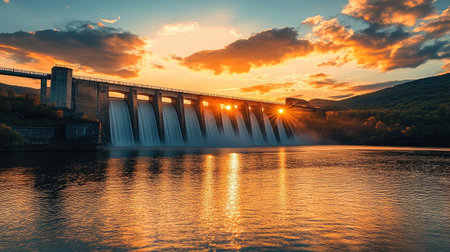 A sunset view of the dam illuminated by soft golden light, with the water glistening, creating a serene and picturesque evening scene.の素材