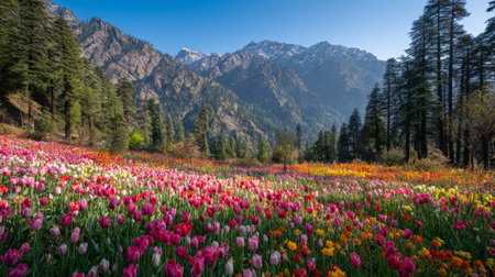 A stunning view of a tulip field bursting with vibrant colors, nestled against majestic mountains and lush forests, capturing the essence of spring in a serene landscape.の素材