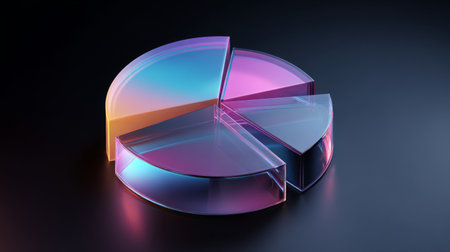 A vibrant and modern pie chart design crafted from transparent materials, set against a sleek background, perfect for business presentations or creative projects.の素材