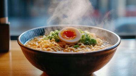 A steaming bowl of ramen topped with fresh ingredients, presented on a colorful table, showcasing the beauty of a comforting homemade meal.の素材
