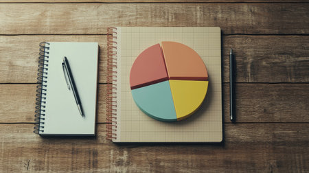 A top-down perspective of a 3D pie chart placed on a wooden table, with a notepad and pen beside it, symbolizing the brainstorming and planning process.の素材