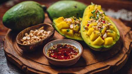 This image features a vibrant mango salad topped with peanuts and sweet sauce, beautifully arranged on a wooden plate with ripe green mangoes in a natural setting.の素材