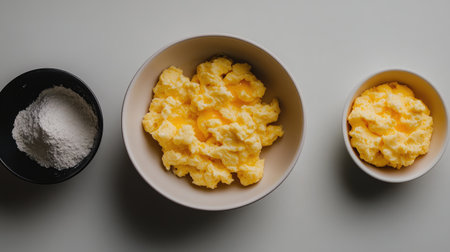 A time-lapse shot showing the process of making scrambled eggs, from whisking to cooking, capturing the transformation of simple ingredients.の素材