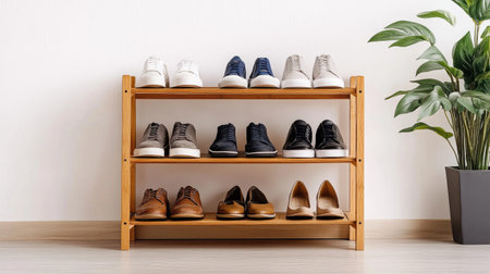 A stylish wooden shoe rack filled with a variety of footwear, including sneakers and heels, set against a clean white wall in a modern entryway.の素材