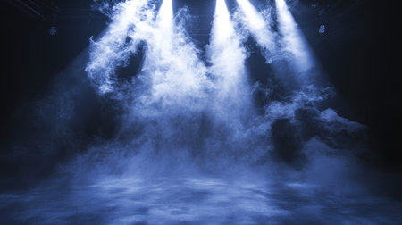 A swirling fog of smoke in a darkened room, with beams of light cutting through, creating a dramatic and atmospheric effect perfect for theatrical performances.の素材