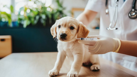 A veterinarian administering a vaccination to a puppy, capturing the critical role of preventative care in pet health and wellness.の素材