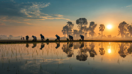 Scenic view of rice harvesters working at dawn, silhouetted against a vibrant sunrise. The calm water reflects the sky and trees, creating a serene rural atmosphere.の素材