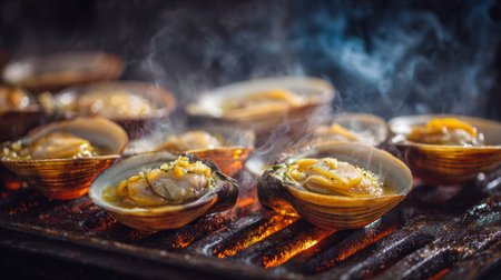 A close-up of freshly grilled clams on a hot grill, emitting steam and showcasing a mouthwatering seafood cooking scene perfect for culinary enthusiasts and outdoor gatherings.の素材