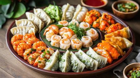 A vibrant shot of a platter featuring assorted dumplings, including shrimp and vegetable options, beautifully arranged for a festive celebrationの素材