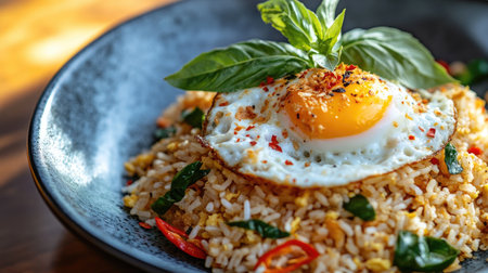 A vibrant plate of Thai basil fried rice topped with a perfectly fried egg, garnished with fresh basil leaves and chili, showcasing the dish's colorful appeal.の素材
