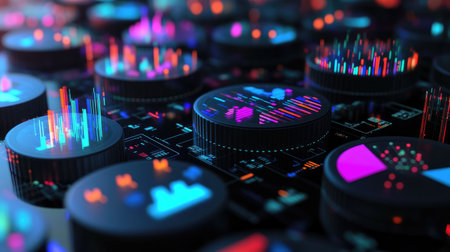 An artistic view of multiple 3D pie charts floating in a virtual space, each chart representing various datasets, emphasizing the concept of big dataの素材